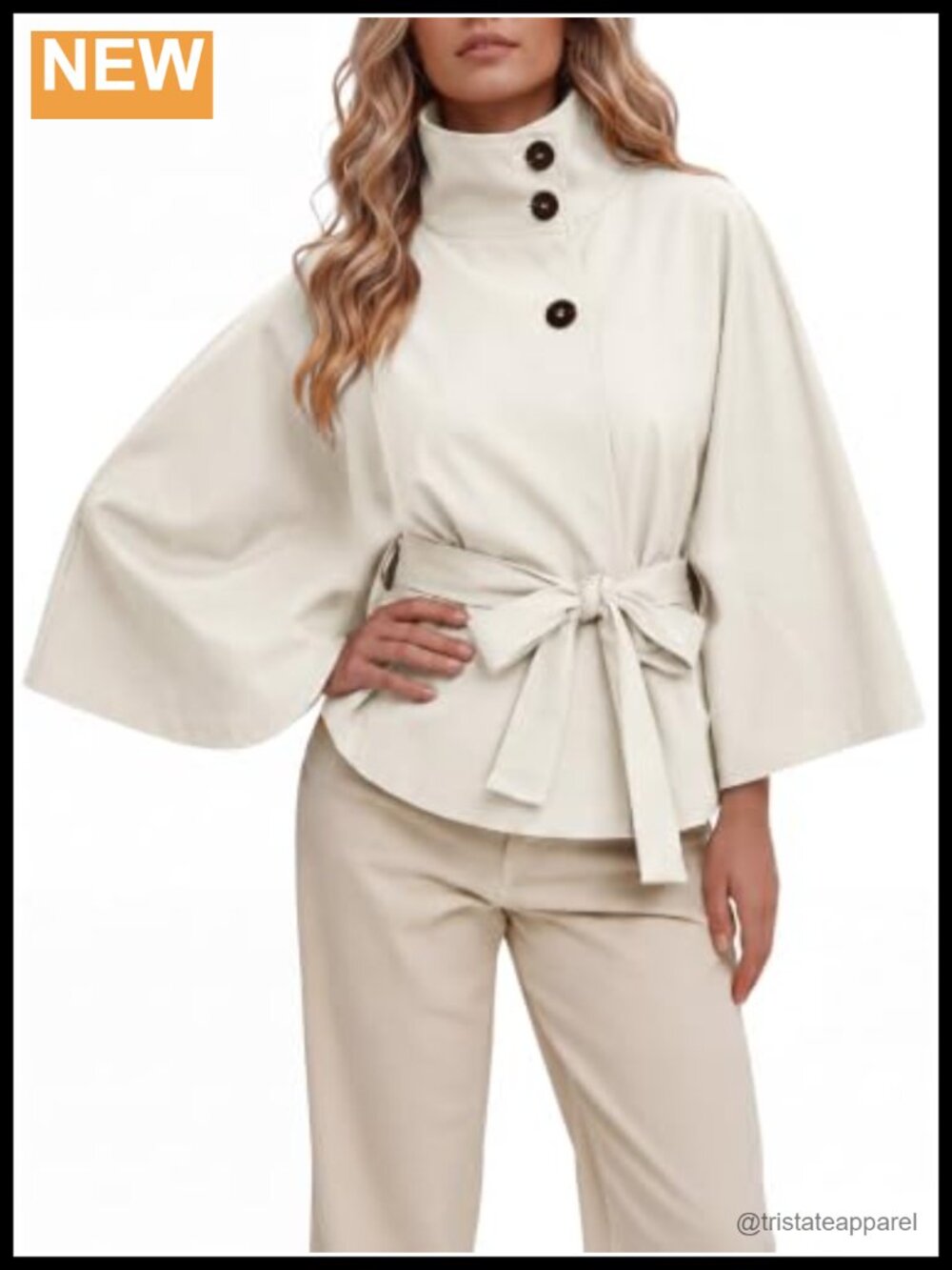 Cropped Trench Coat Cape Sleeve Stand Collar Belted Jacket Loose Fit